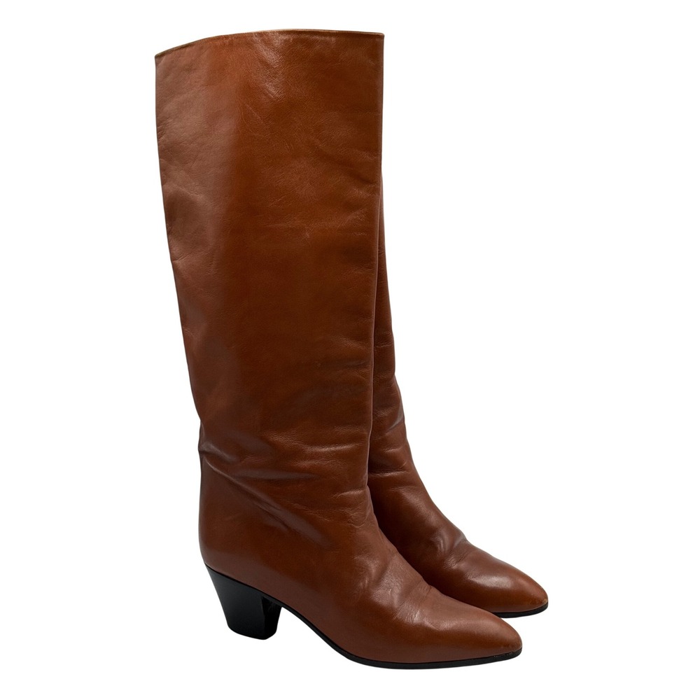 San Marco Made Italy Brown Leather Tall Boots 38 Pointed Toe Mid Heel Vero Cuoio